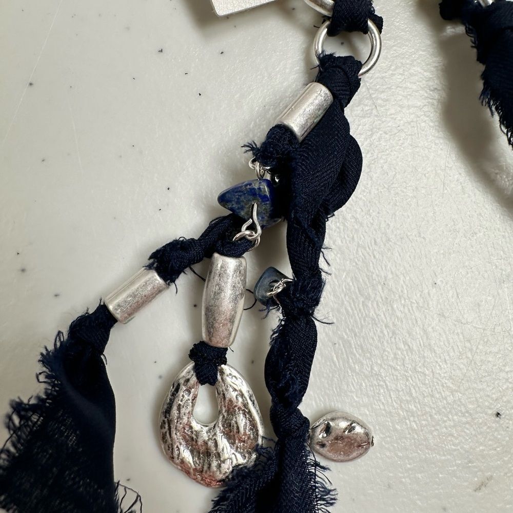 NWT Free People Silver & Navy Dangle Earrings Funky Textile Design with Charms - Picture 6 of 9